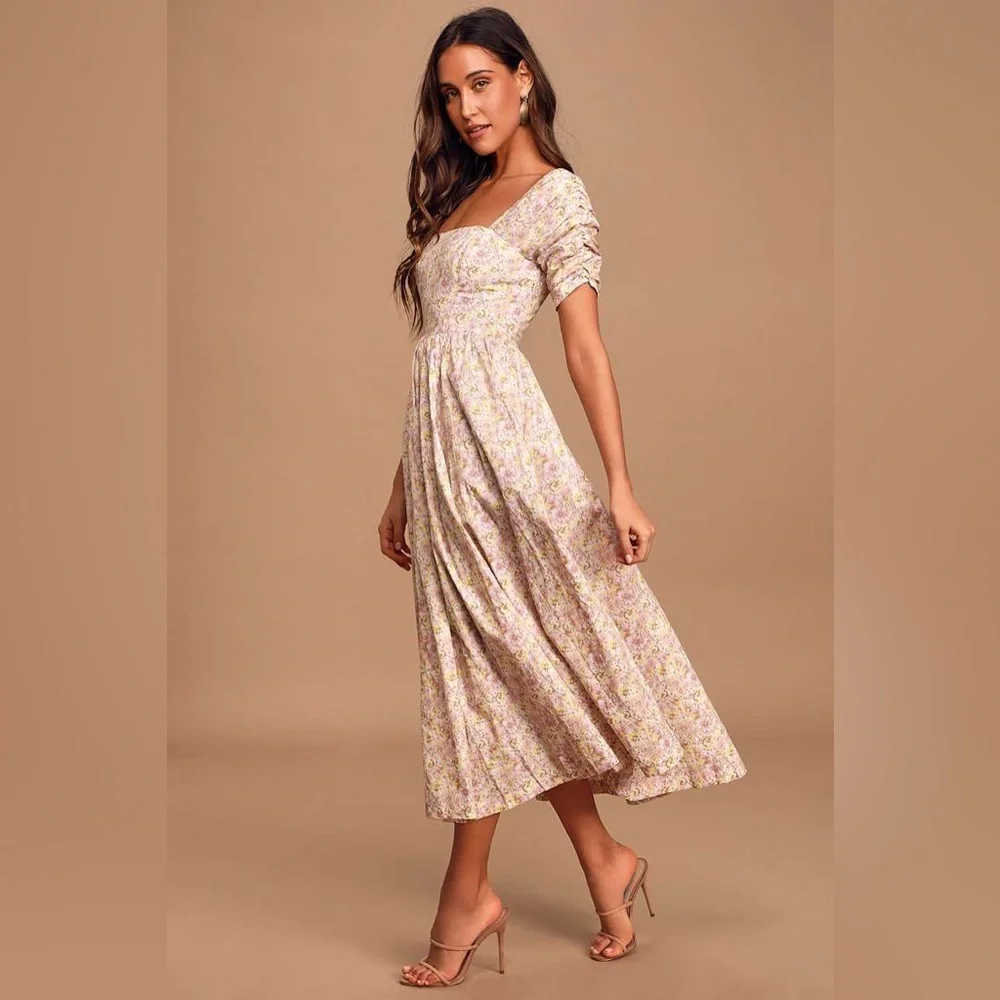 Free People She’s a Dream Floral Print Puff Sleeve Midi Dress Size 2 - Picture 2 of 15